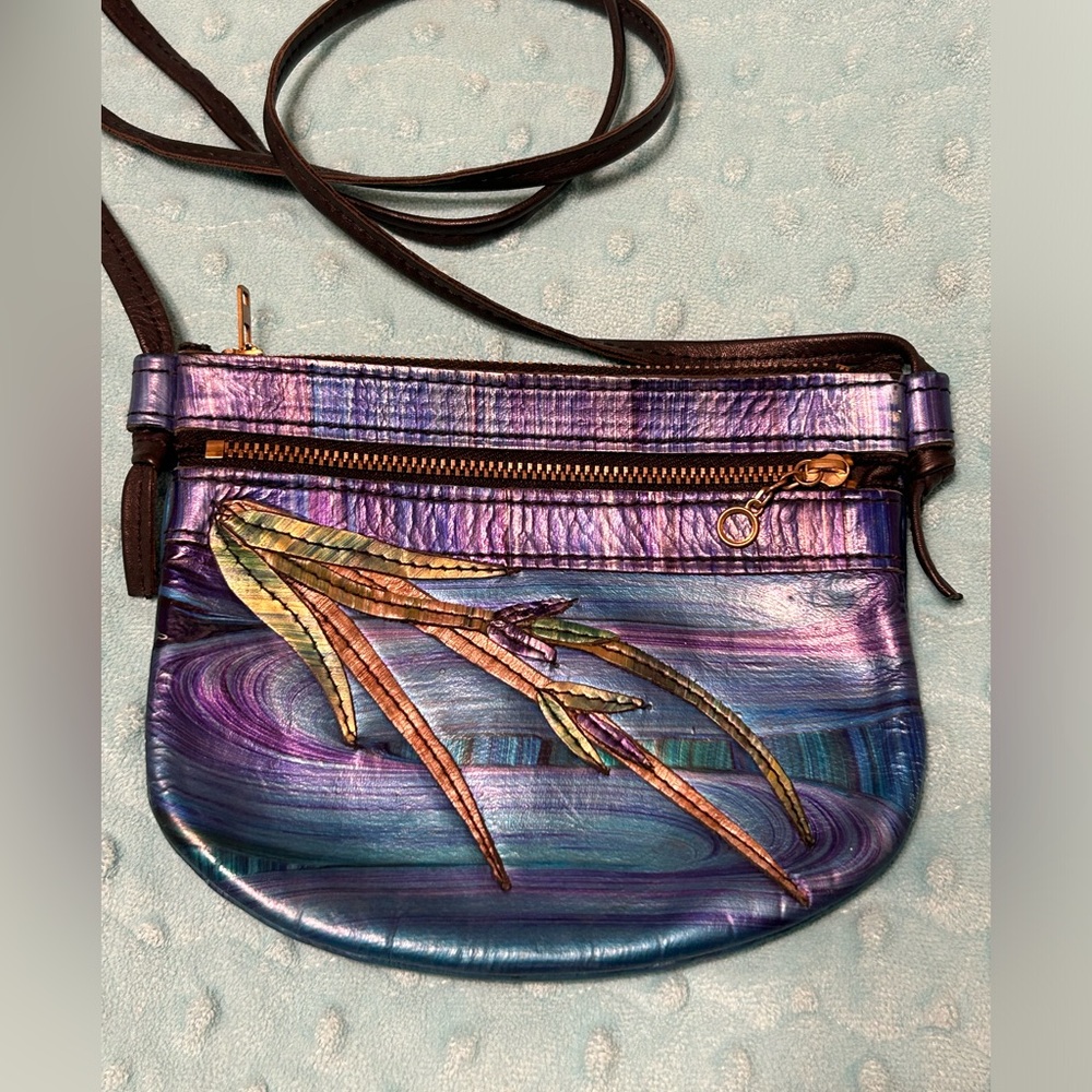 Hand Painted Leather Crossbody‎ Bag Tropical Leaf Artisan Boho Purse